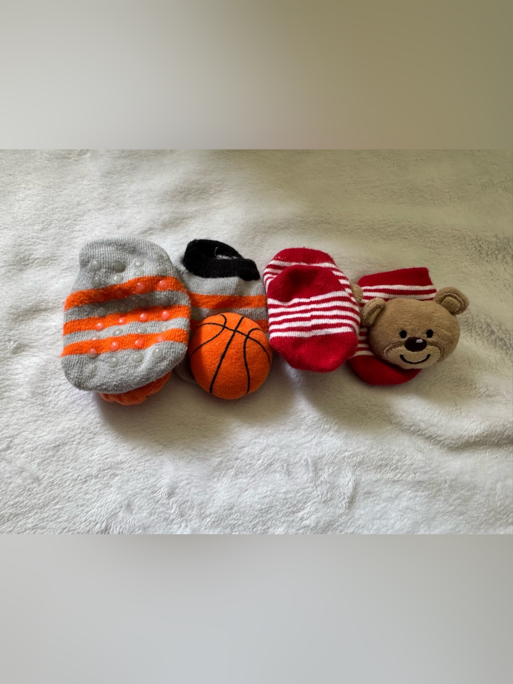 Baby Socks - Orange & Red Stripes plush teddy bear and plush basketball socks
